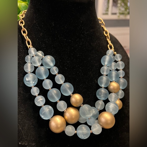 BEADED BLUE AND GOLD NECKLACE WITH CLIP ON EARRINGS SET-Gorgeous - Picture 4 of 9